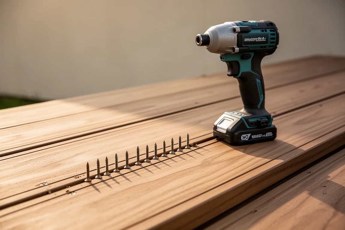 Impact driver resting on lumber while driving decking screws outdoors
