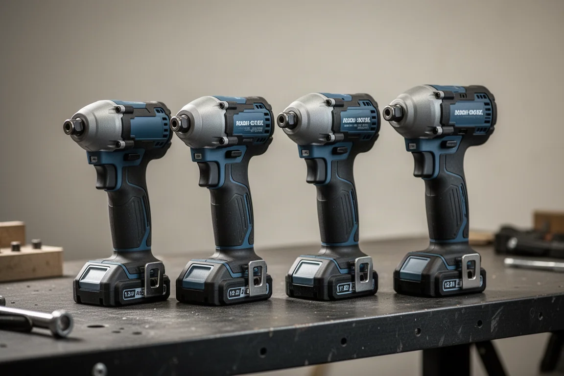 Four compact impact drivers lined up on a workbench for comparison