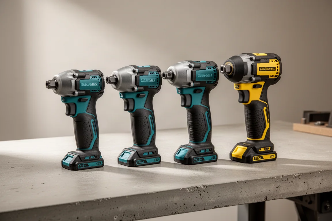 Four compact cordless impact drivers lined up on a concrete workbench