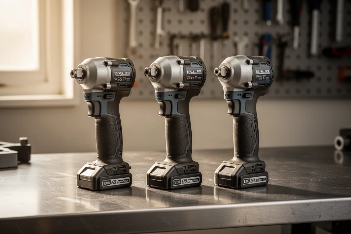 Three compact impact wrenches lined up on a workshop bench