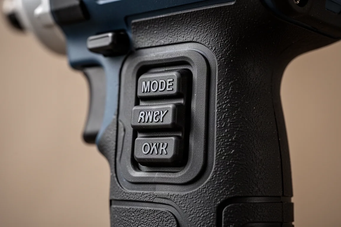 Close-up of rubber power mode buttons on a compact impact wrench