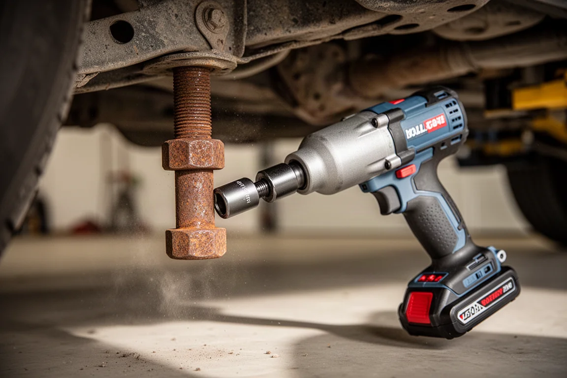 Impact wrench loosening a rusted bolt on a vehicle undercarriage