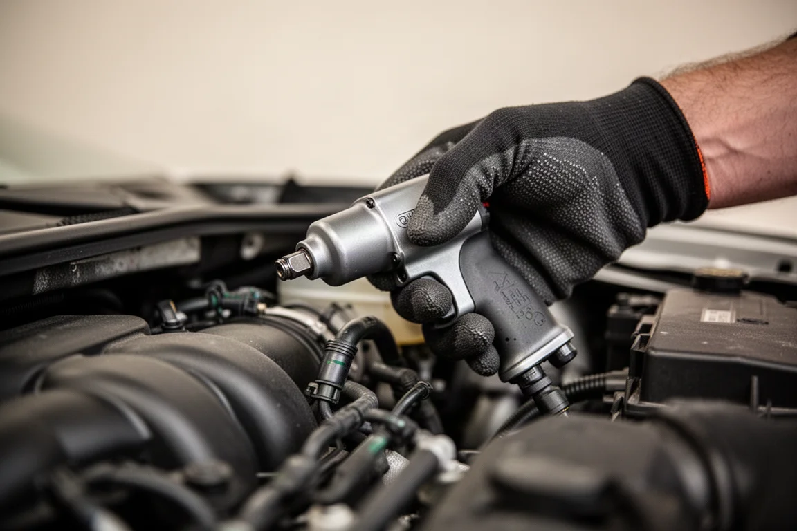 Compact impact wrench held in a tight engine bay space