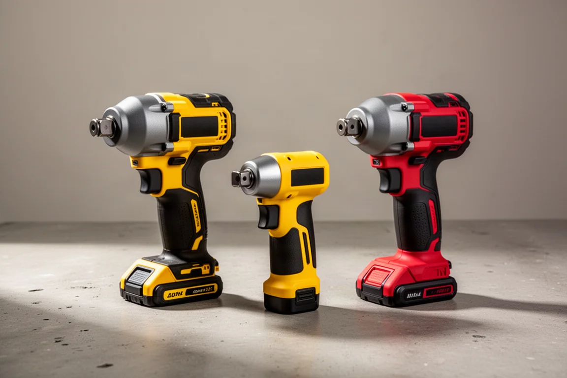 Three compact cordless impact wrenches lined up on a concrete workshop surface
