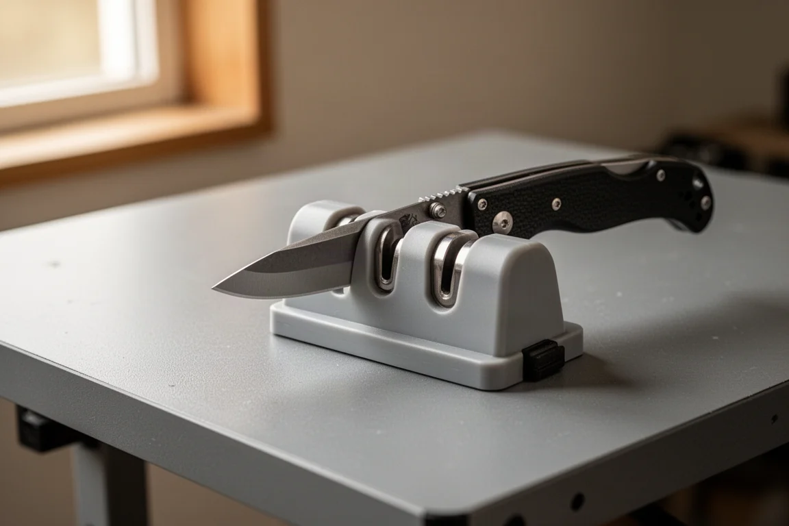 Compact plastic knife sharpener held flat on a workbench with a knife being drawn through