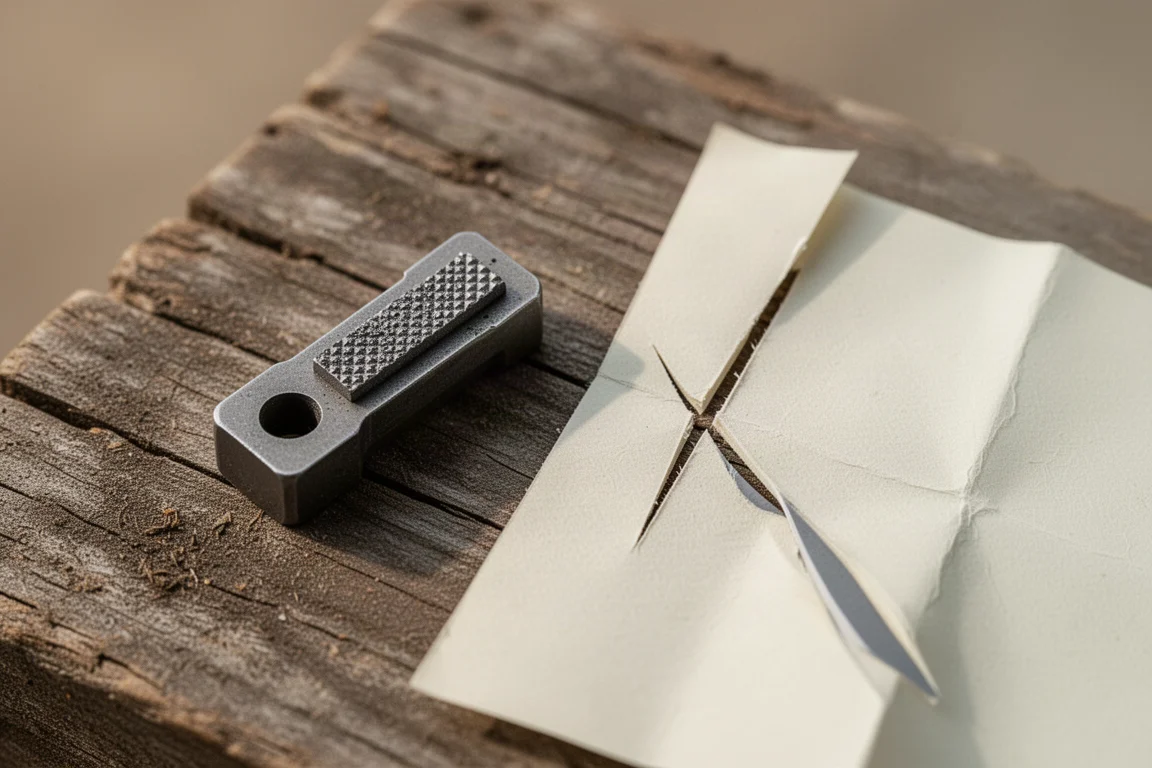 Tiny survival-style sharpener with a bare edge being tested on paper