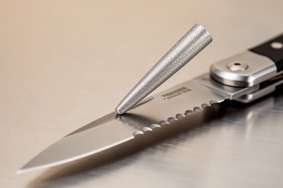 Compact sharpener with a deployed diamond cone rod working on a serrated blade