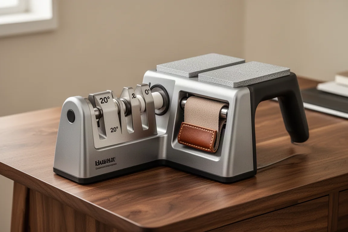 Larger pull-through sharpener with blade guides, ceramic rod, and leather strop on a desk