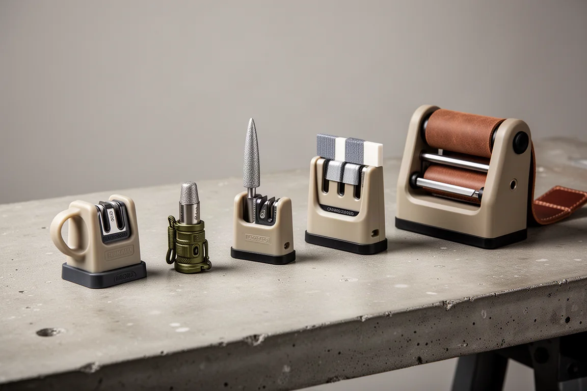 Five compact knife sharpeners arranged in a row on a concrete workbench