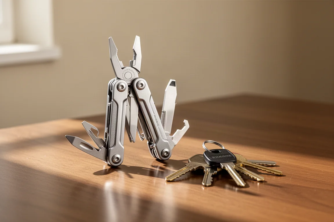 A compact folding multi-tool standing open next to keys on a wooden desk