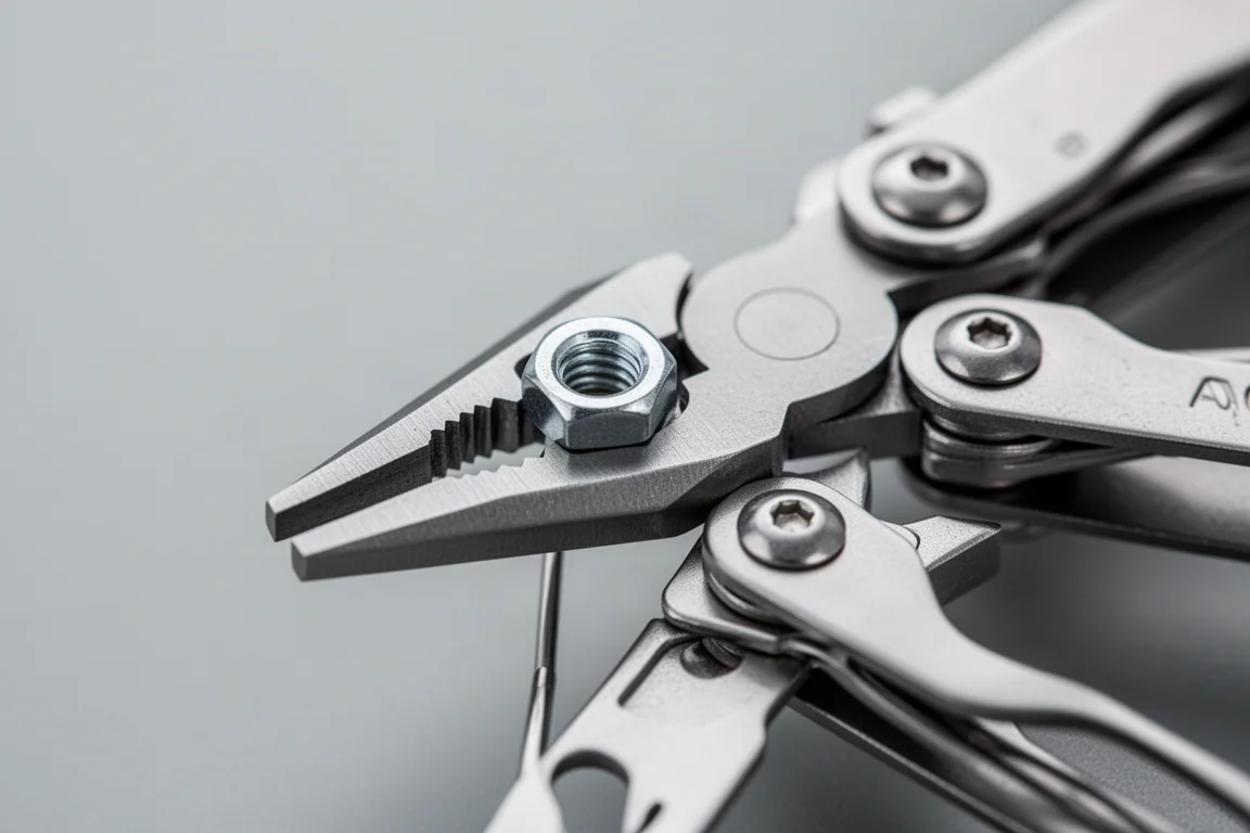 Close-up of spring-loaded needle nose pliers gripping a small nut