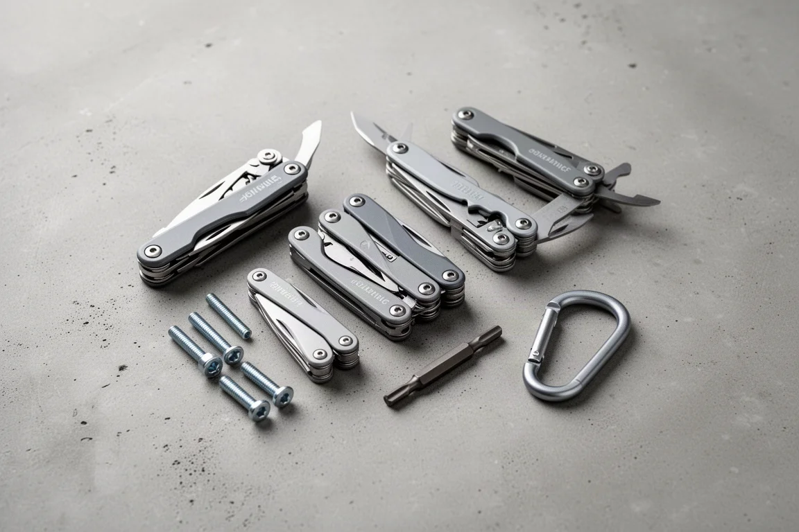 Flat-lay of multi-tools and small hardware items on a concrete surface