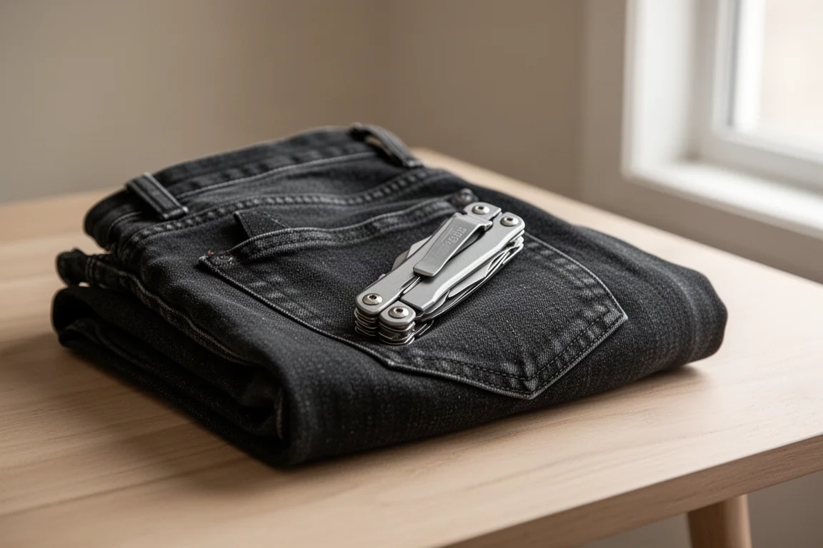 Multi-tool clipped inside a denim pocket with a folded pair of jeans on a table