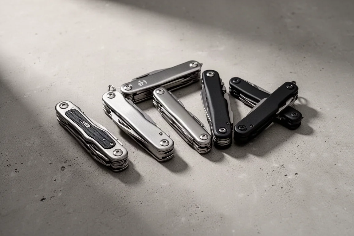 Six compact folding multi-tools arranged in a diagonal line on concrete