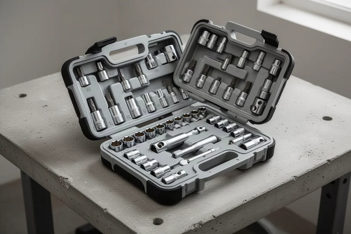 Geöffneter robuster Werkzeugkoffer mit Stecknüssen und Bits in geformten Fächern