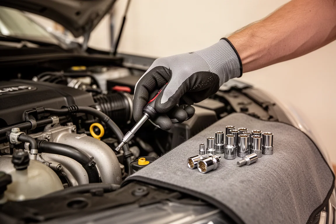 Mechaniker arbeitet mit einem kompakten Stecknuss-Bits-Dreher in einer engen Motorbucht