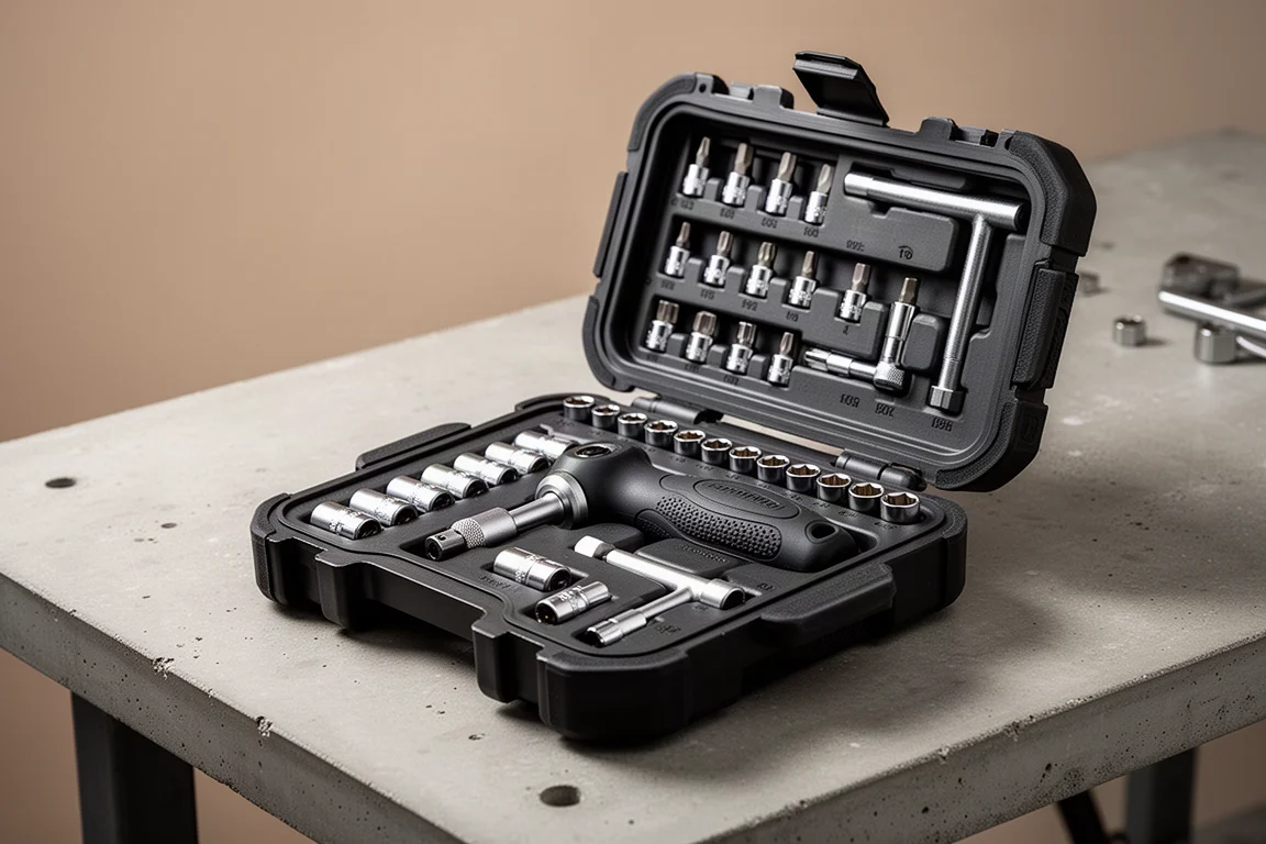 Open ruggedized compact socket bit set case with sockets, bits, and handles