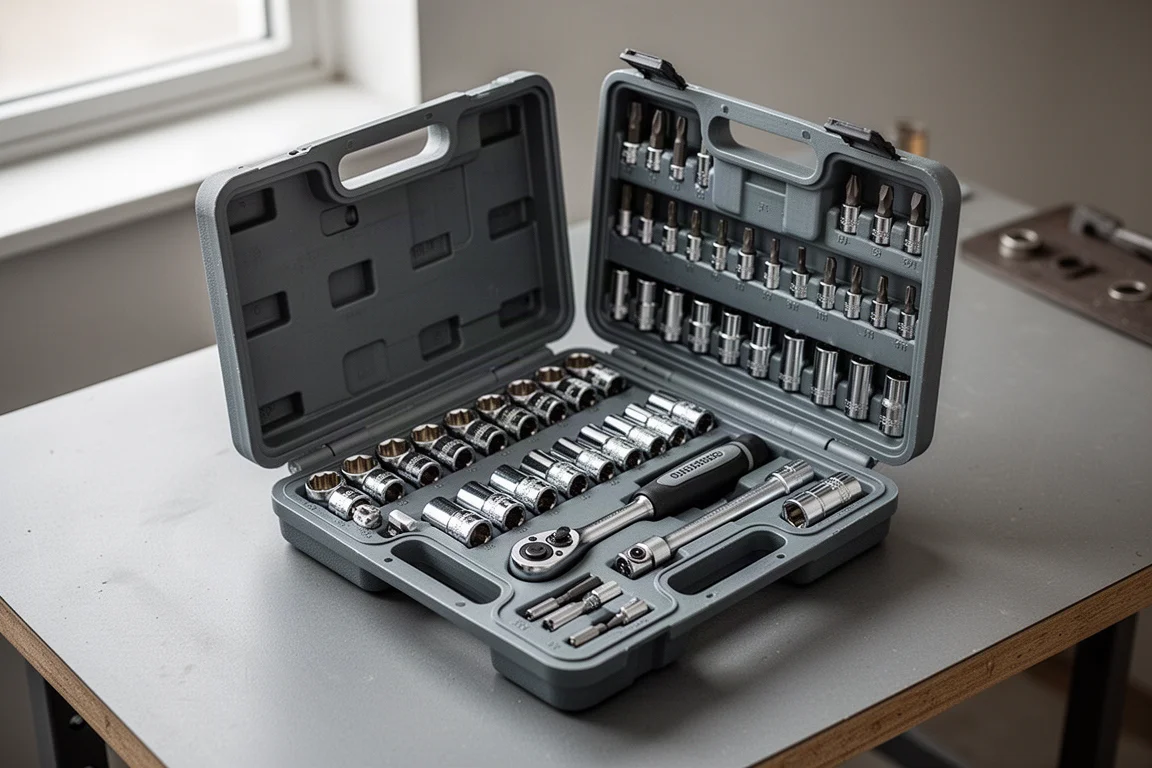 Malle de coffret de douilles compact ouverte, douilles et embouts disposés sur un établi