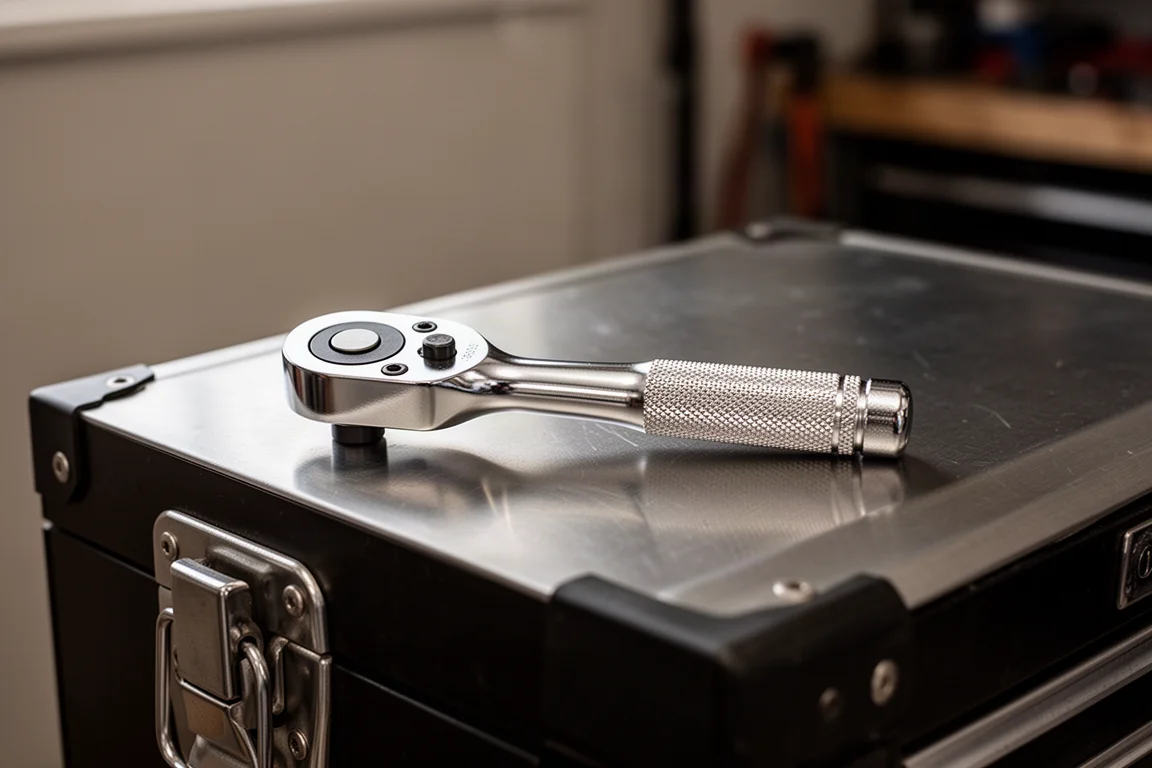 Clé à cliquet professionnelle polie posée sur la surface sombre d'une caisse à outils