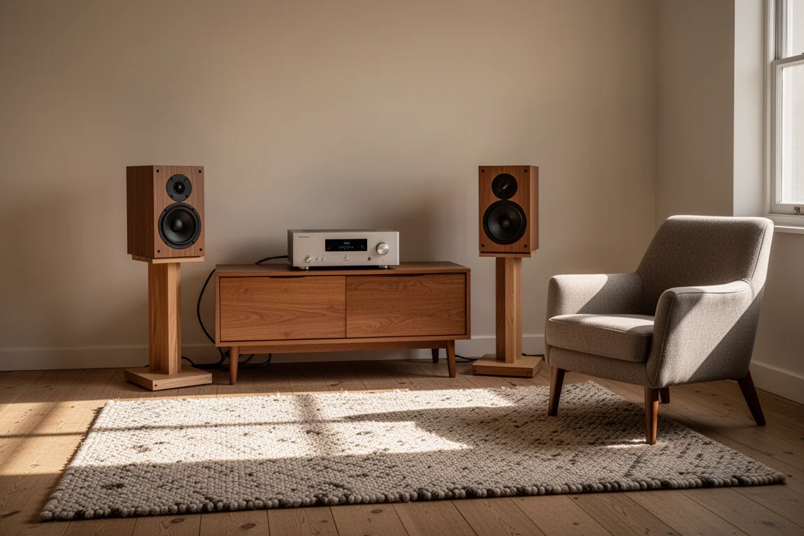 Tidy listening room corner with small standmount speakers on wooden stands and a compact amplifier
