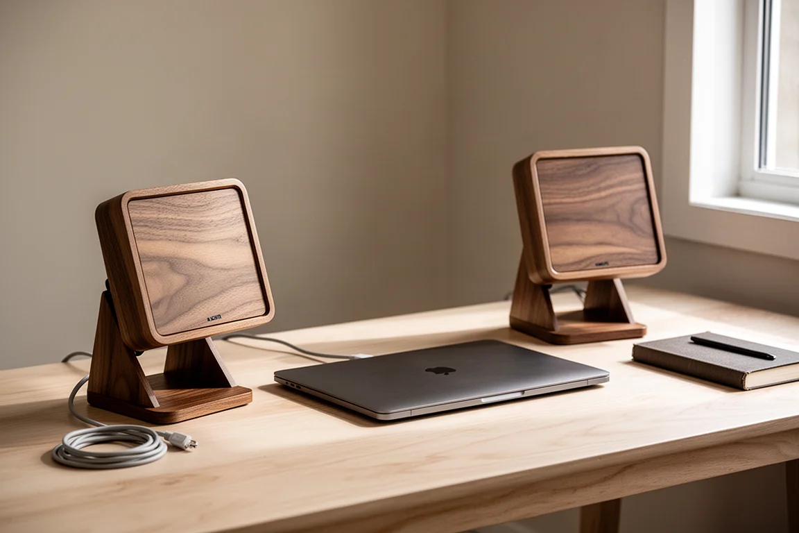 Near-field desktop setup with small wood veneer speakers flanking a closed laptop on an oak desk