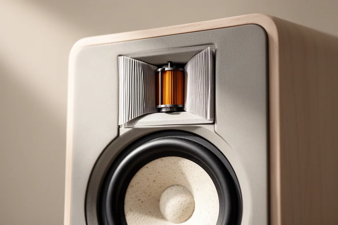 Close-up of a folded ribbon tweeter above a mineral filled cone midwoofer on a small speaker baffle