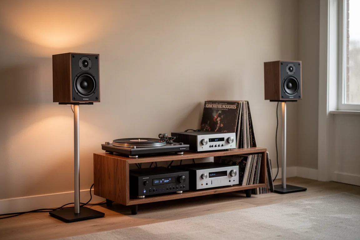 Living room listening setup with compact speakers on stands, a turntable and vinyl sleeves