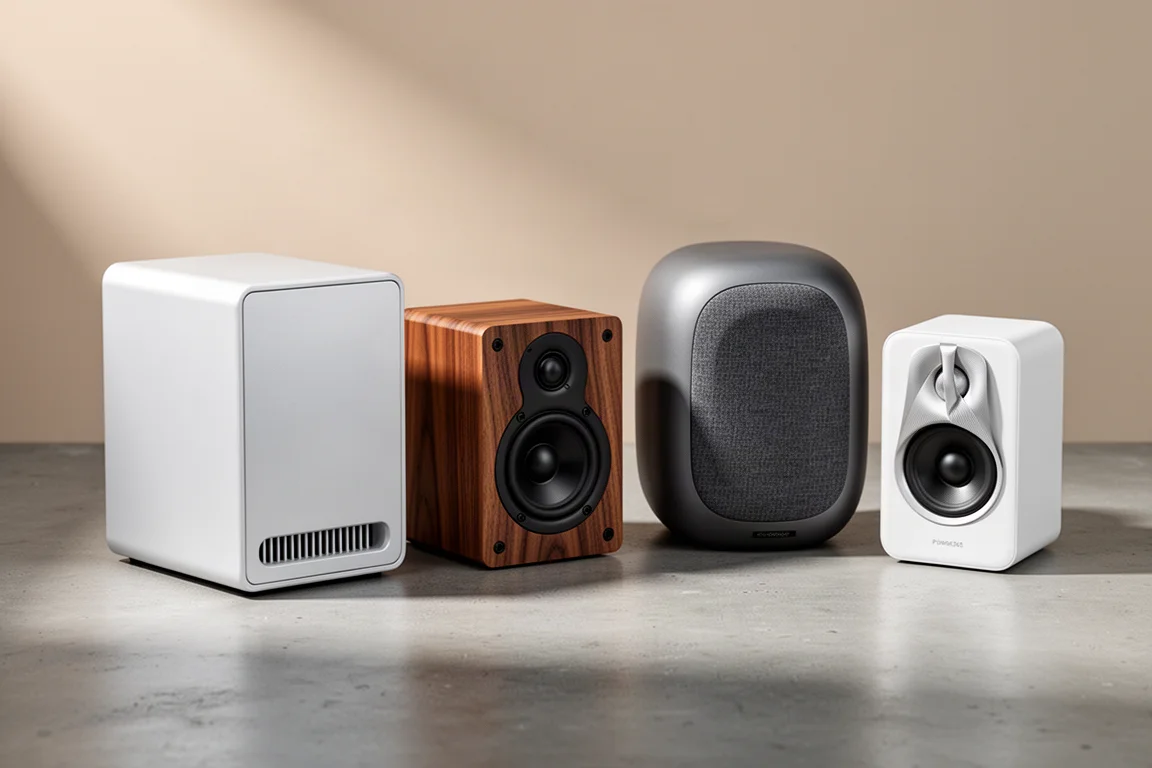 Four compact standmount speakers in white, walnut and graphite finishes on a concrete surface