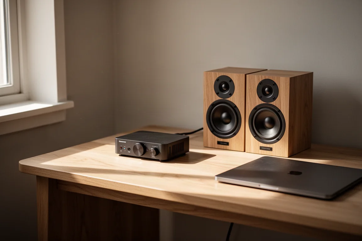 Amplificateur de streaming compact sur un bureau en chêne clair à côté de petites enceintes bibliothèque