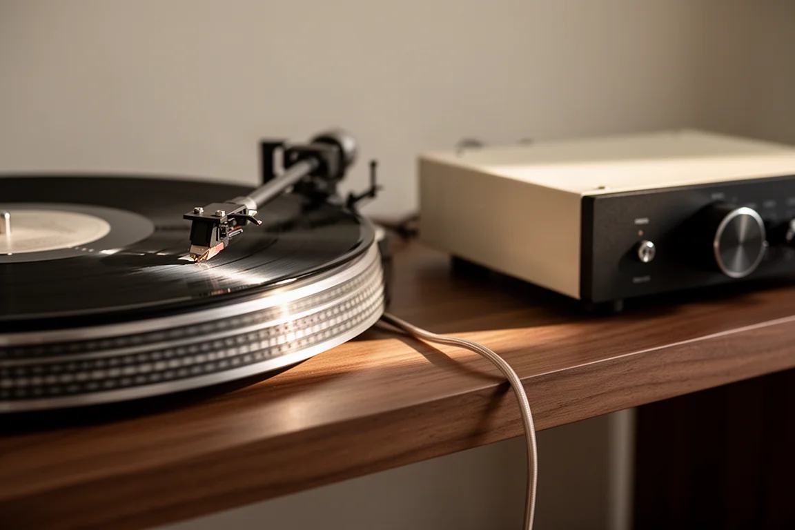 Bras de platine vinyle et bord de plateau près d'un amplificateur compact sur une étagère en noyer
