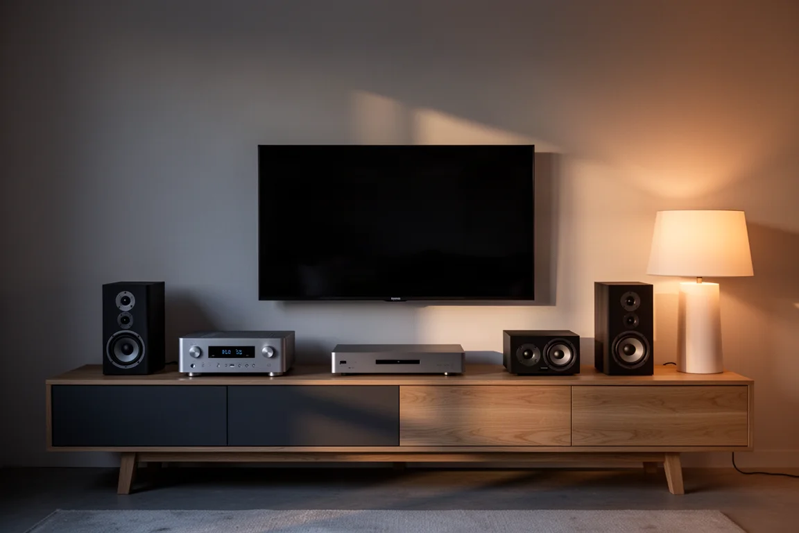 Mur multimédia de salon minimaliste au crépuscule avec trois enceintes et un amplificateur fin