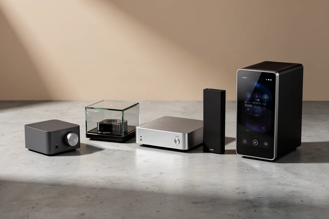 Five compact streaming amplifiers arranged in a row on a matte concrete surface in studio light