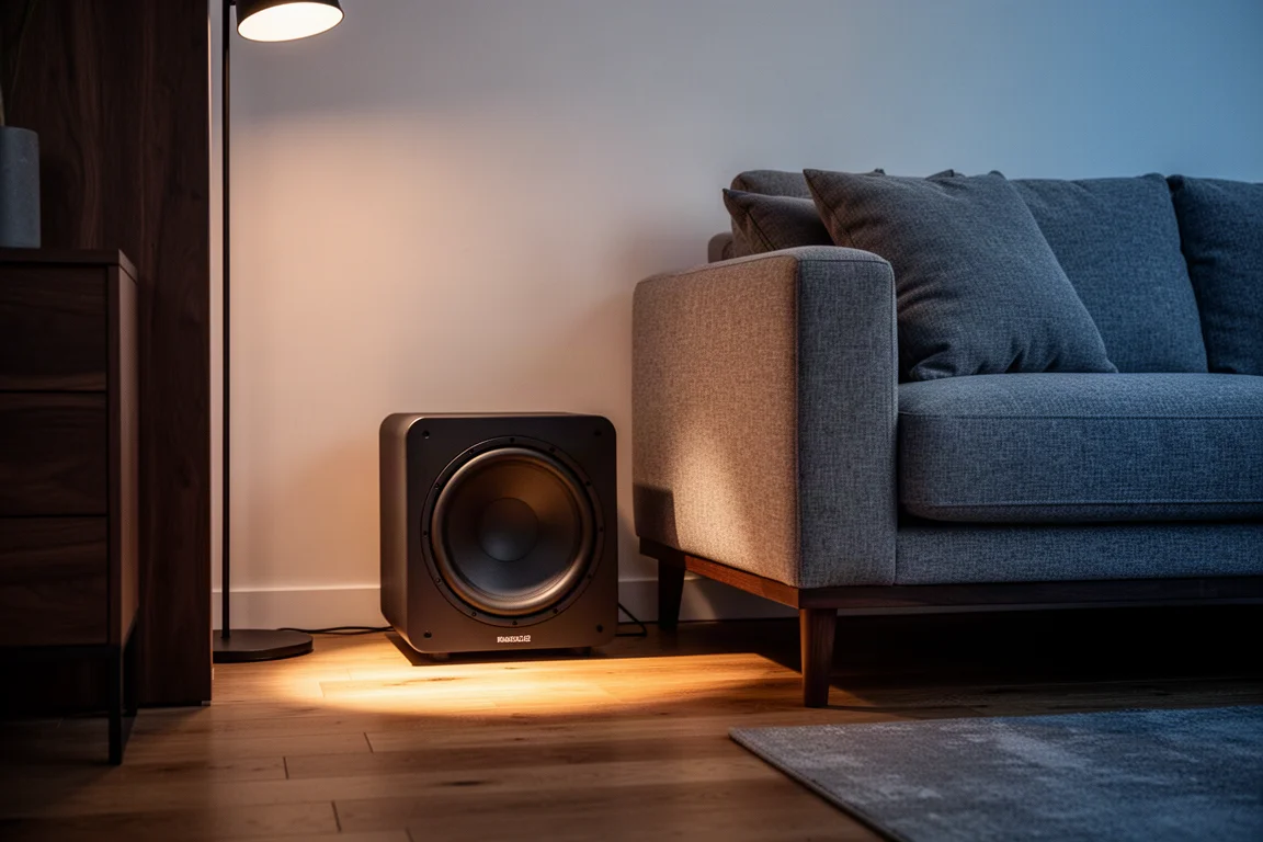 Compact subwoofer placed low against the wall beside a sofa in a dim living room