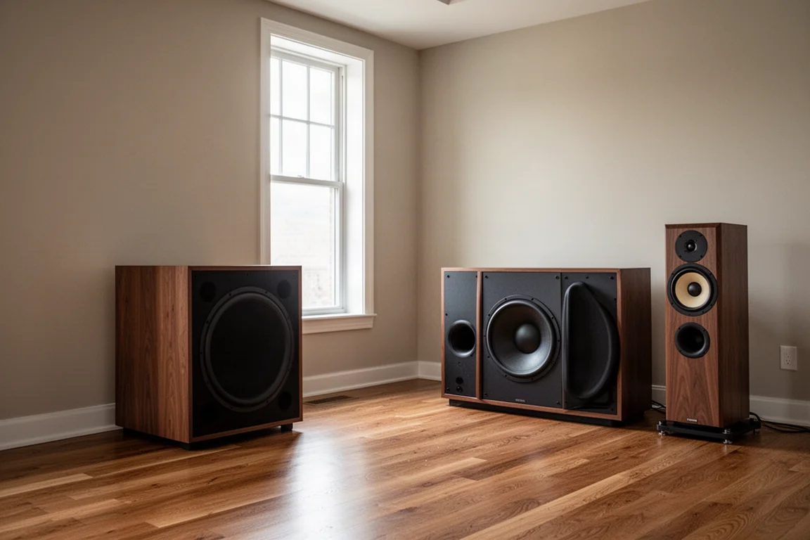 Large subwoofer cabinet standing in the corner of a spacious room with tall windows