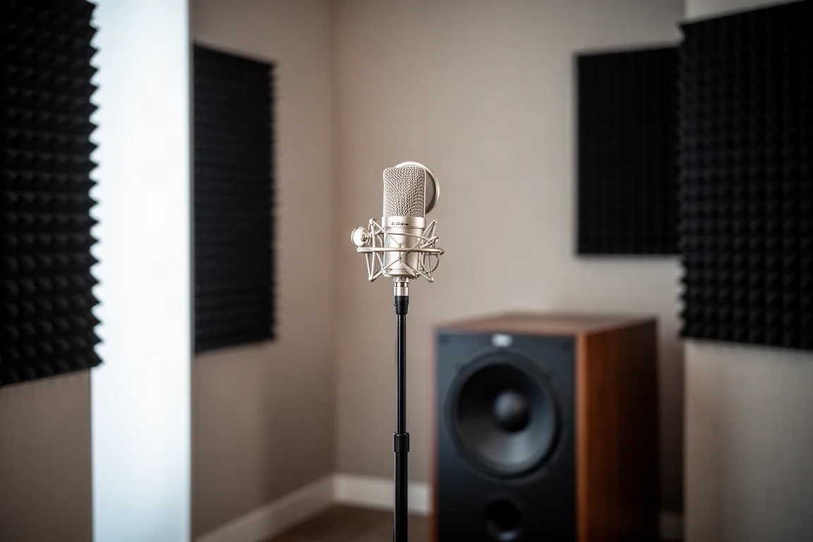Measurement microphone on a stand in a treated room with a subwoofer in the background