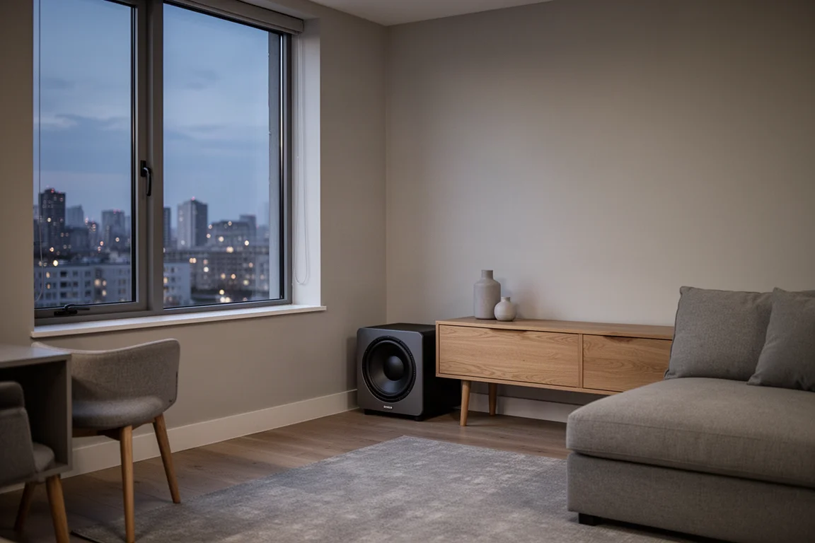Compact apartment living room with a subwoofer tucked against the wall under a sideboard