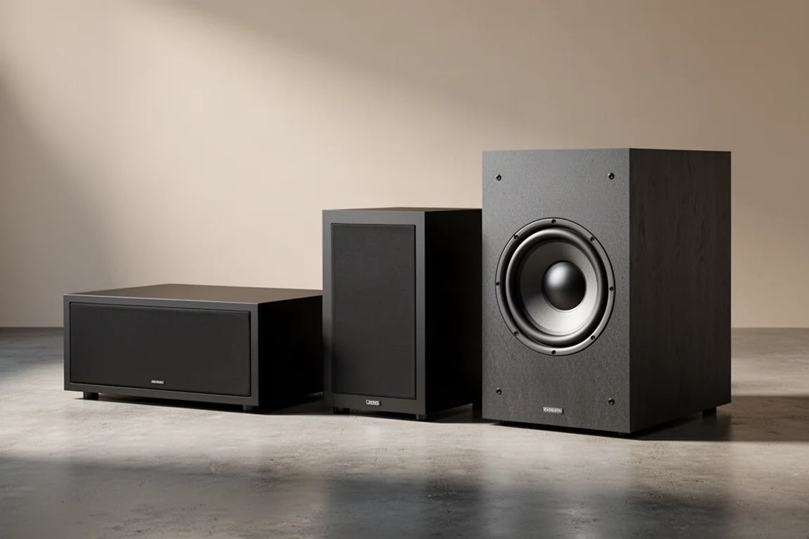 Three black home subwoofer cabinets of different sizes arranged on a concrete floor
