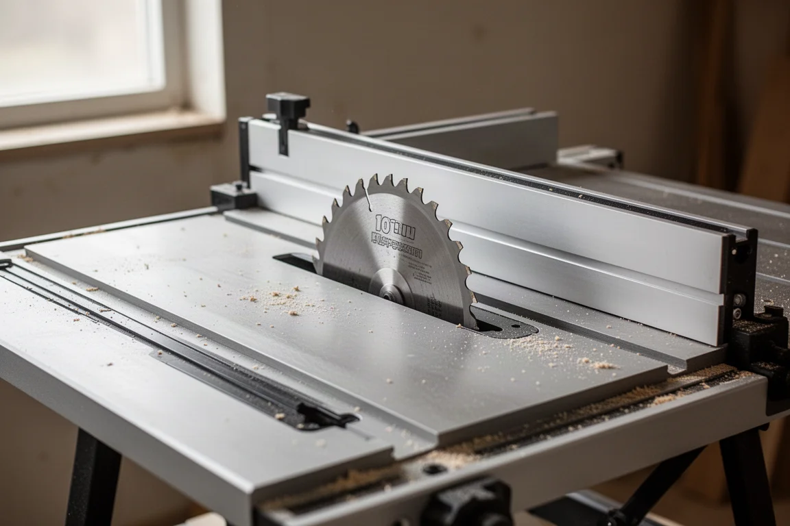 Close-up of a table saw blade and cast aluminum table with a fence in a small workshop