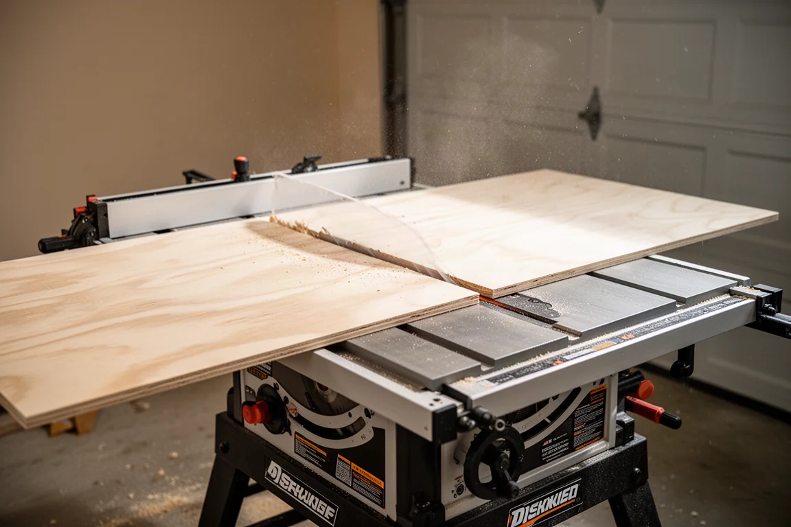 Worker cutting a full sheet of plywood on a compact job site table saw with extended fence