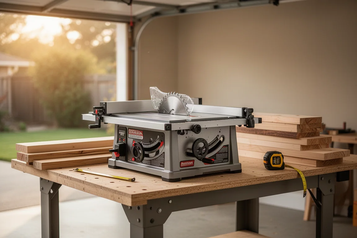 Budget table saw on a workbench in a small home garage workshop