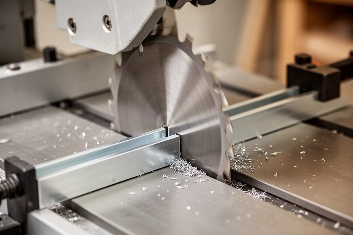 Multi-material table saw cutting a metal profile with sparks contained