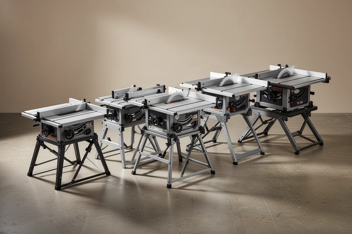 Five compact table saws arranged in a lineup on a concrete workshop floor