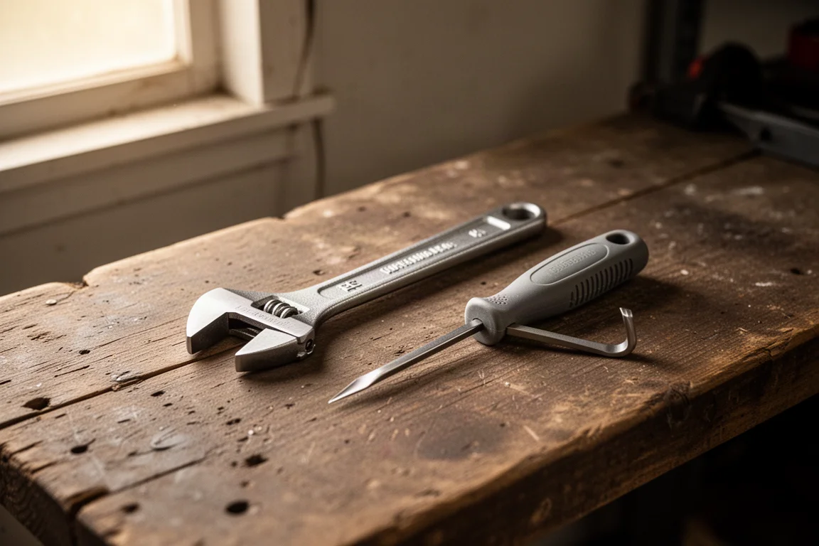 ガレージの作業台に並べられた adjustable レンチとピック類