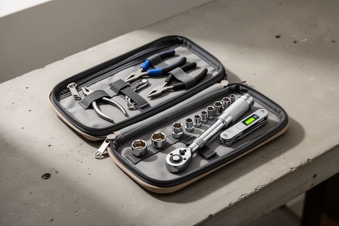 Open compact tool pouch with neatly arranged small hand tools on a workbench