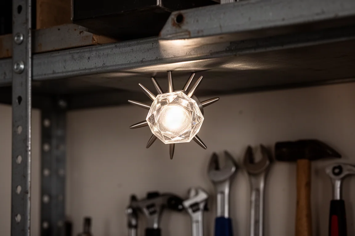 Kleine magnetische Arbeitsleuchte, die in einer dunklen Werkstatt an einem Metallregal befestigt ist