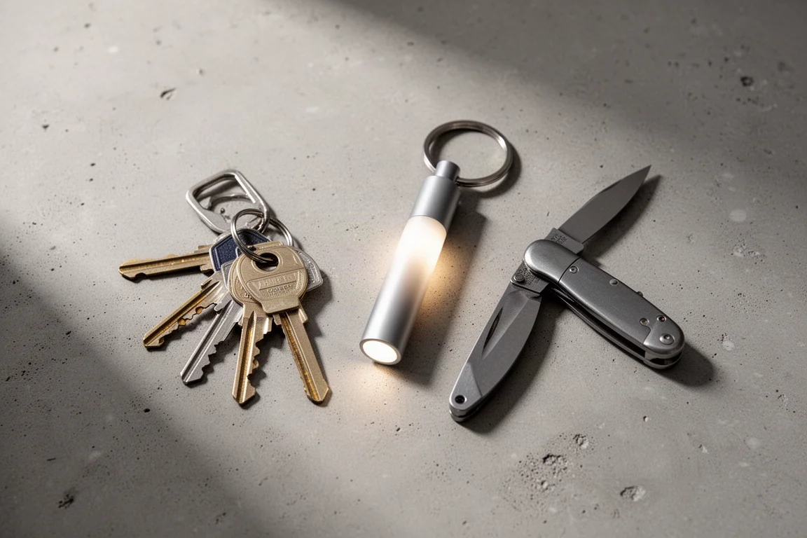 Winzige Schlüsselbundlampe, die am Reißverschluss einer Tasche befestigt nachts ein Türschloss beleuchtet