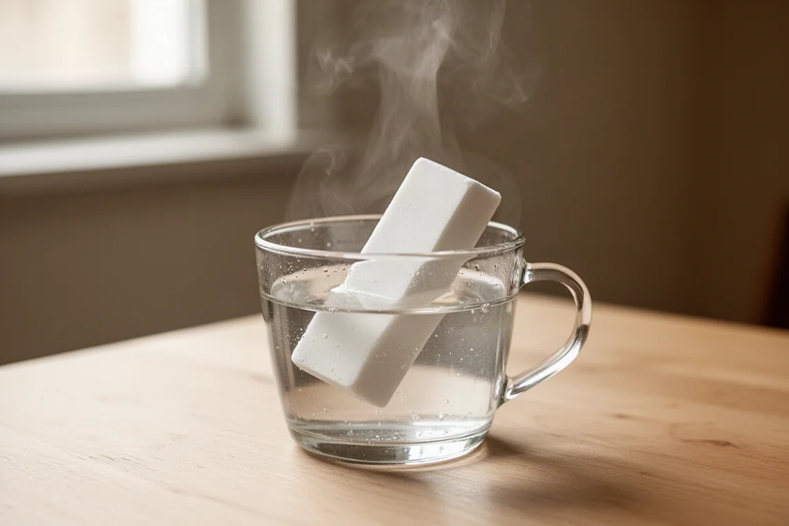 Ein Radiergummi-Block steht in einer Tasse heißem Wasser, Dampf steigt auf