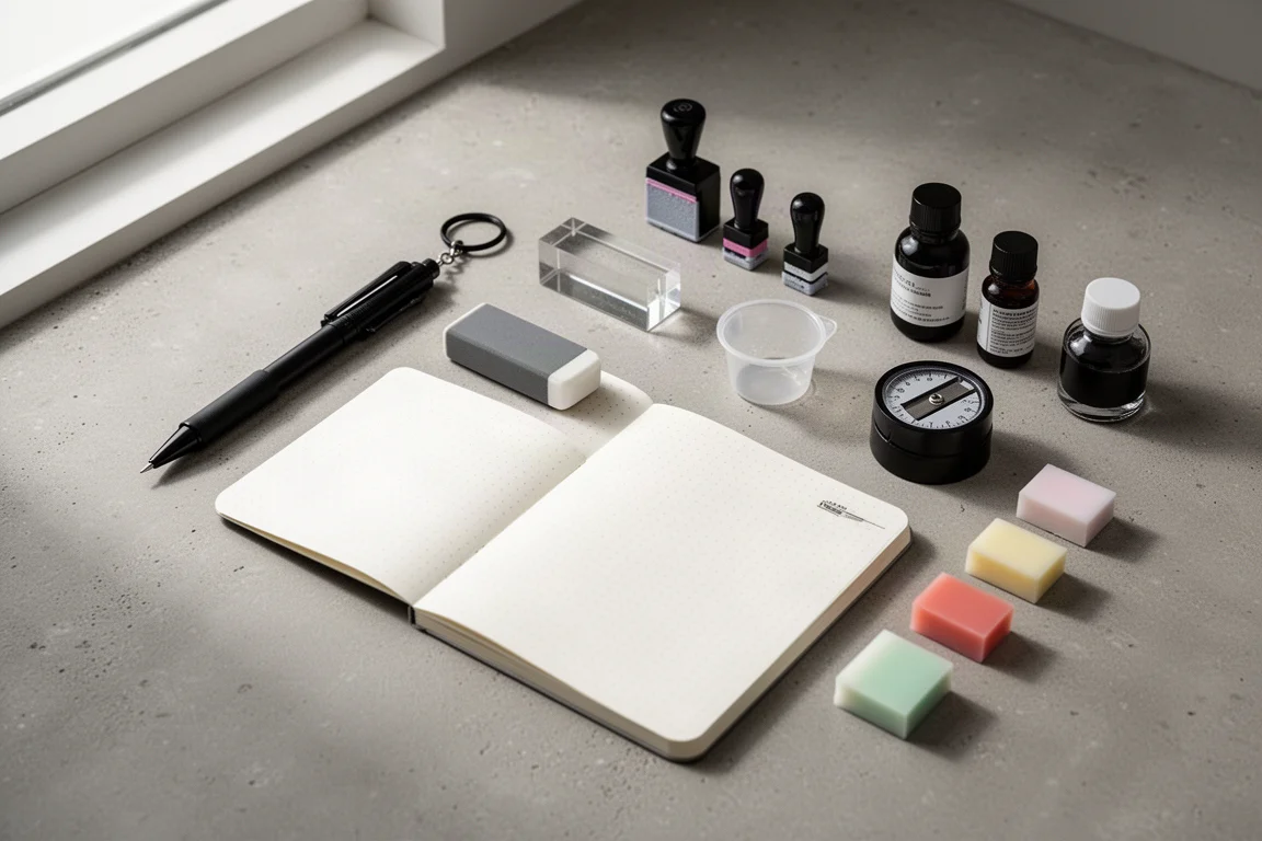 An arrangement of mechanical pencil, eraser, stamps, notebooks, sharpener, ink bottles, and glue sticks on concrete