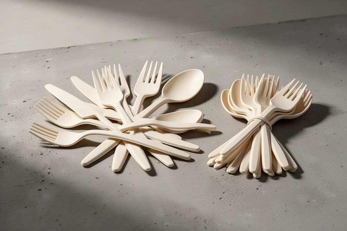 Two assortments of cream-colored compostable disposable cutlery on a concrete surface
