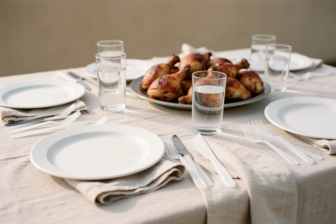 Table set for a casual party with plates and disposable cutlery laid out